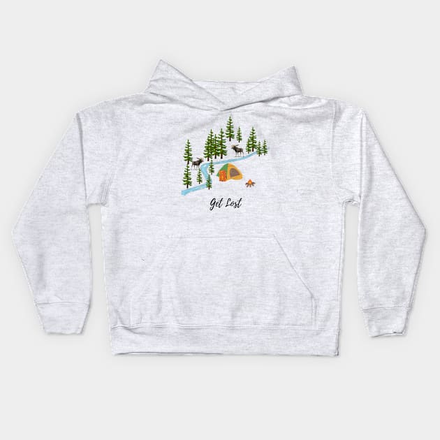 Get lost camping, moose at the river Kids Hoodie by TouchofAlaska